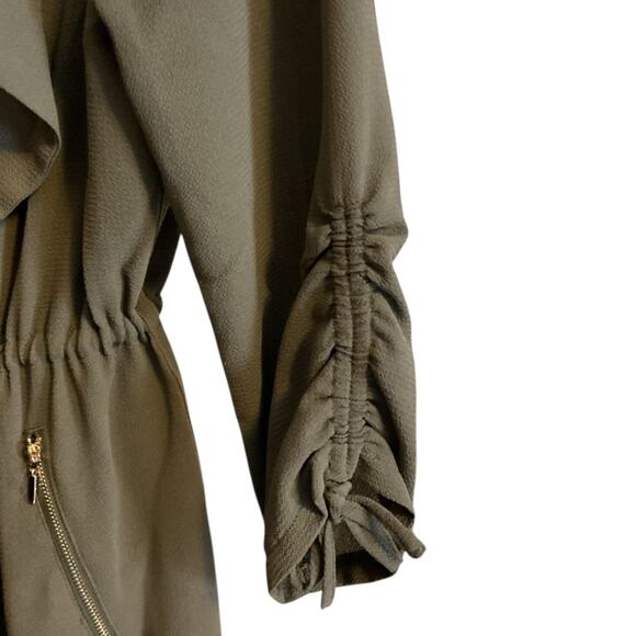 Kismet Olive Green Drape Front Utility Jacket Drawstring Waist Zip Pockets Sz M - Picture 10 of 11